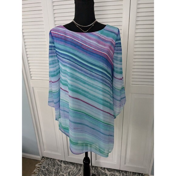 Chico's Top Womens Sz S (0) Purple Aqua Stripe Chiffon Layer Asymmetrical Tunic - Picture 1 of 14